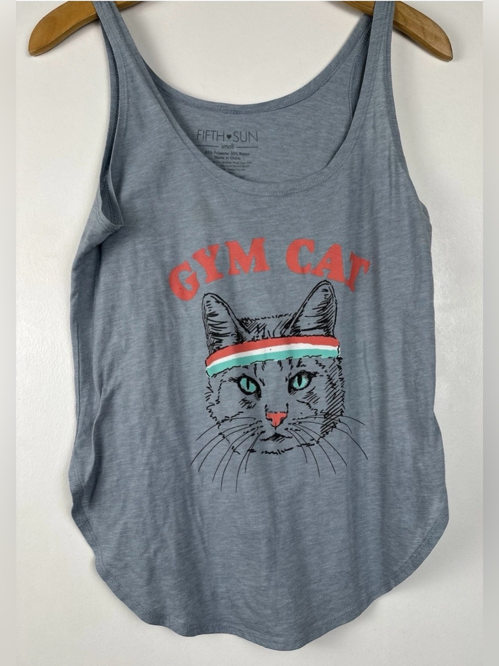 Fifth Sun Gym Cat Graphic Tank Top size Small Gray Athleisure Casual Tee Workout